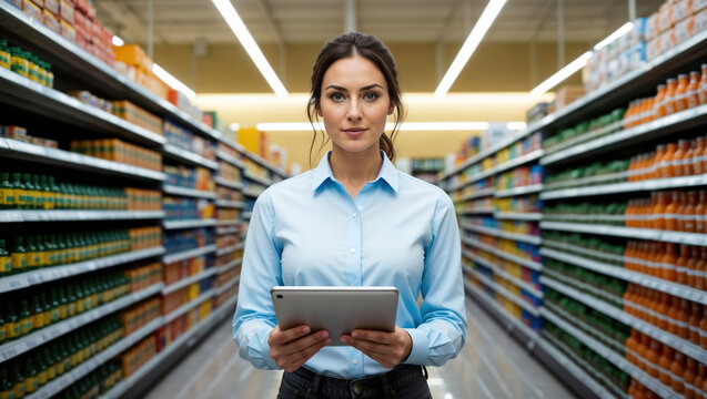 Supermarket manager using digital tablet while working in grocery store