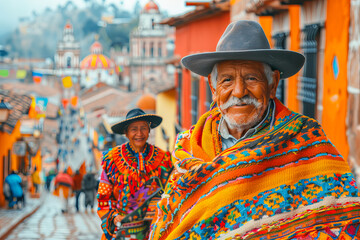 Obraz premium Senior couple wearing traditional clothes smiling in colorful street in mexico