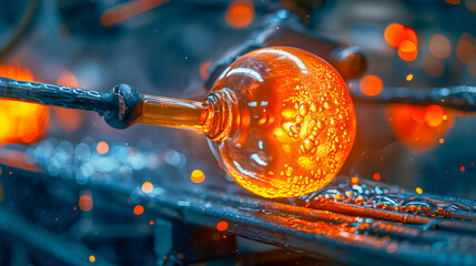 Glassblower shaping molten glass with metal rod in workshop