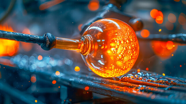 Glassblower shaping molten glass with metal rod in workshop - Powered by Adobe