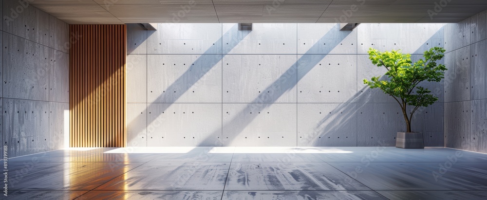 Wall mural empty modern concrete room with open ceiling and tree