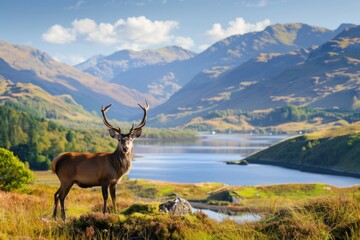 Fototapeta premium Majestic red deer stag standing on a hillside in the scottish highlands