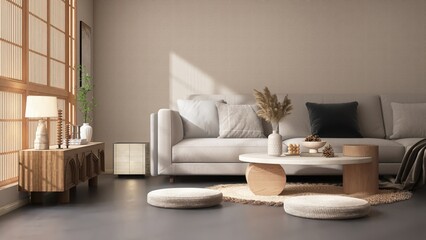 Luxury, minimal oriental living room with white sofa, coffee table, floor cushion in sunlight from shoji window for modern asian interior design decoration and architecture 3D