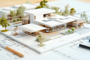 Architectural model of a modern house sitting on top of blueprints