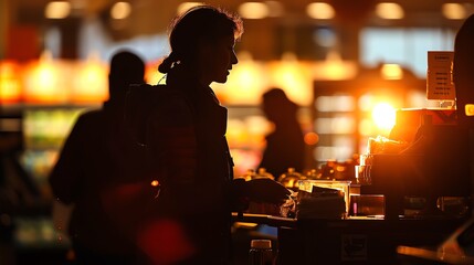 Fototapeta premium Silhouette of a woman at a checkout counter in a grocery store. The warm lighting