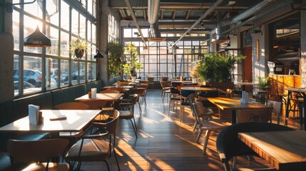 Interior of a modern urban restaurant in the morning sunlight 