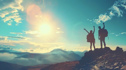 Silhouettes of two hikers celebrating victory on a mountain top with a stunning sunrise behind them.