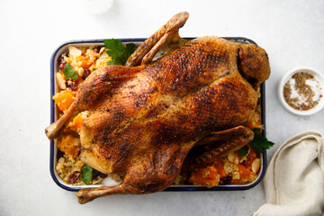 Roasted duck with pumpkin and fried fruits