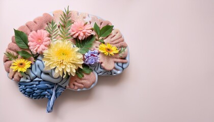 surreal floral brain design featuring pastel flowers and leaves for creative art