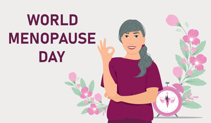 World Menopause Day. Medicine concept. Woman with clock. Vector illustration.	