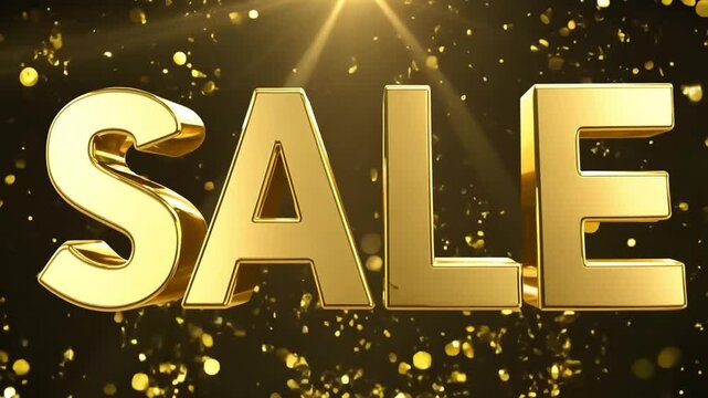 Glowing gold SALE text on dark background with sparkling shiny effects for sale events, discounts, Black Friday, seasonal sales, holiday promotions. Shiny gold SALE text with glitters on dark