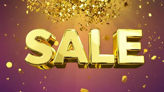 Golden text SALE with confetti on colored background for promoting seasonal discounts, special offers, Black Friday deals, holiday promotions, sales events, discount announcement
