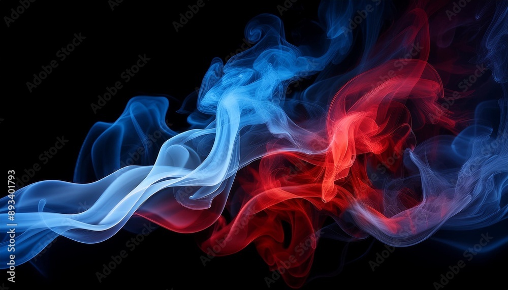 Poster abstract blue and red smoke swirling together on black background