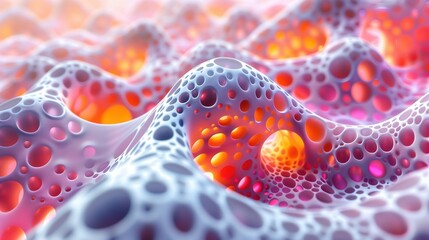 A detailed 3D render showcasing an abstract network with gradient colors, geometric patterns, and fluid shapes. The abstract lines and circles create a sense of connectivity and structure