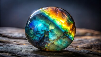 Vibrant iridescent colors dance across the surface of a polished labradorite gemstone, set against a dark mysterious background with ample copy space.