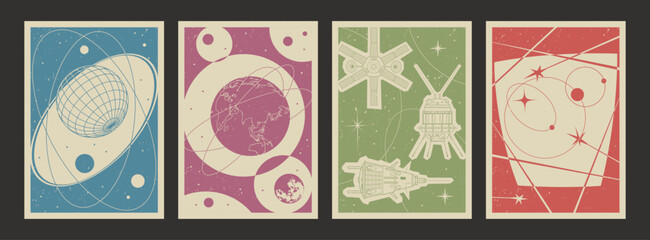 Spacecraft, Probe, Earth, Moon. Vector Templates for Cosmic Posters, Covers, Illustrations. Retro Space Background Set, 1950s - 1960s Colors and Shapes, 