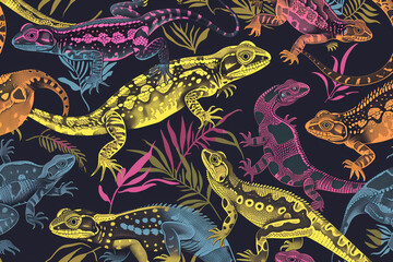 Detailed close-up of various reptiles showcasing a colorful and intricate pattern in their natural habitat. Ideal for background, wallpaper, or design inspiration.