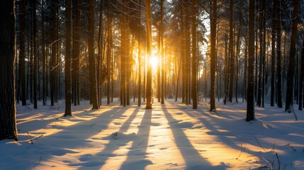 Beautiful winter forest landscape with snow-covered trees and sunlight shining through the branches. 