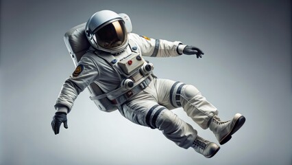 Fully clothed astronaut suit and helmet appear to defy gravity, suspended in mid-air against a pure white isolated background.