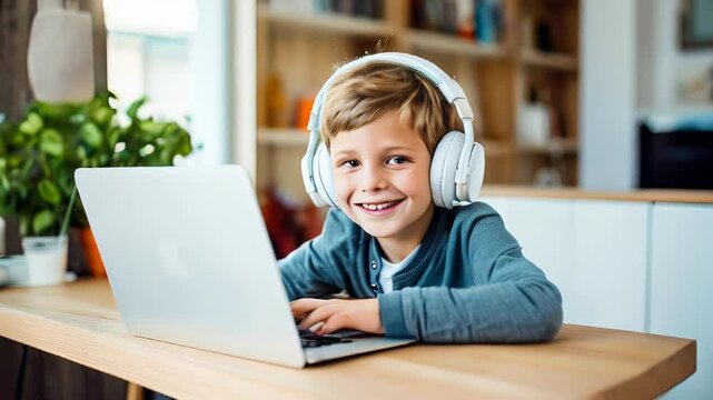 A young boy smiles during an online class, showcasing the engaging aspect of distance learning in a home environment