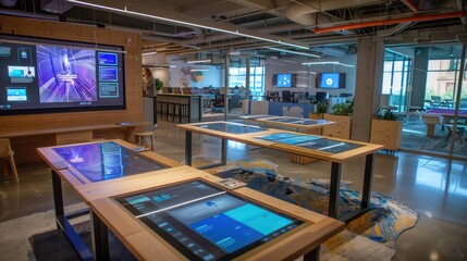 corporate innovation hub with interactive touch tables, digital brainstorming tools, and spaces for collaborative work