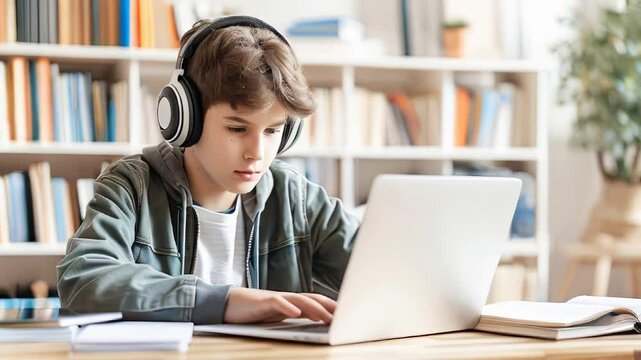 Focused young student engaged in online learning, wearing headphones and studying on a laptop in a home setting surrounded by books