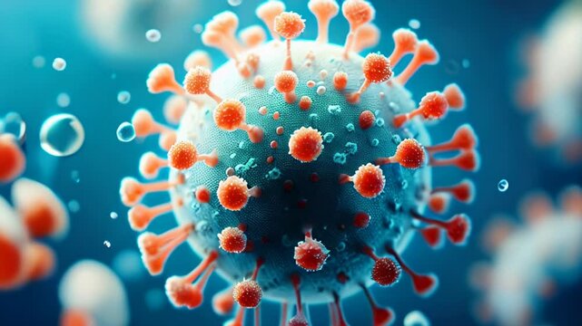 A highly detailed visualization of a coronavirus particle with spike proteins, suggestive of COVID-19