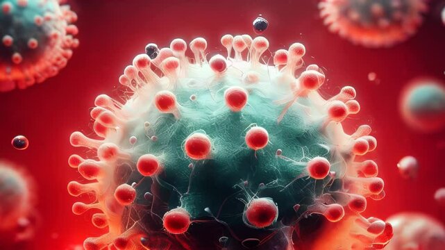 This image depicts a 3D illustration of the coronavirus, highlighting its characteristic spike proteins and structure in a red backdrop, suggesting a medical or scientific context