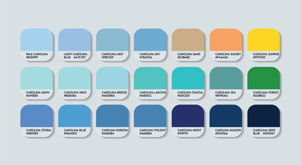Carolina Color Palette, Carolina Color Guide Palette with Color Names. Catalog Samples of Carolina with RGB HEX codes and Names. Carolina Blue Colors Palette Vector, Fashion Trend Blue Color Palette