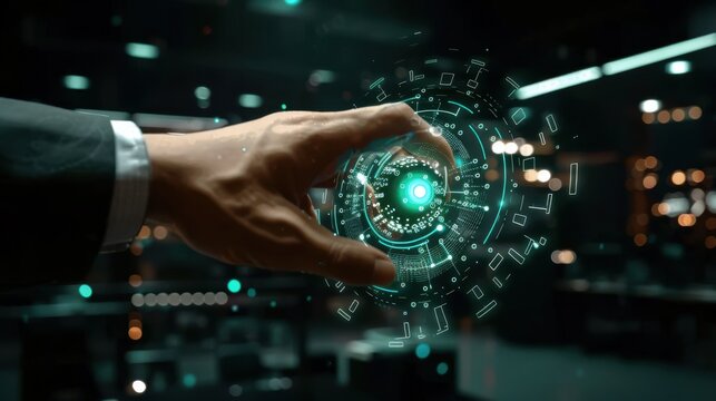 Businessman interacting with a futuristic digital interface.