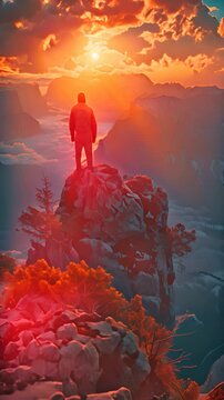 a lonesome highlsnder standing on a mountion watching the sunset.generative ai