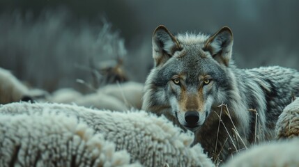 Fototapeta premium Lone wolf blending in with sheep, eyes glowing with cunning and hunger, creating a tense atmosphere