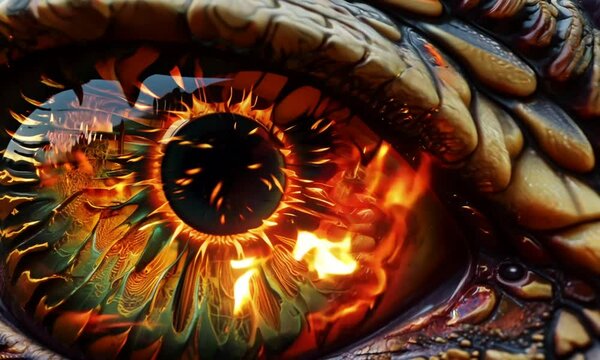 Dragon eye fire burning inside closeup 4K hyperrealistic video