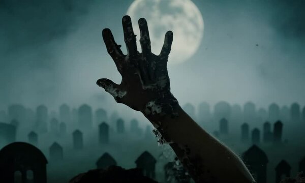 Halloween concept, zombie hand rising out from the ground 4K hyperrealistic video