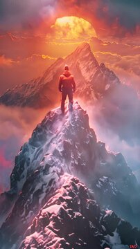 a lonesome highlsnder standing on a mountion watching the sunset.generative ai