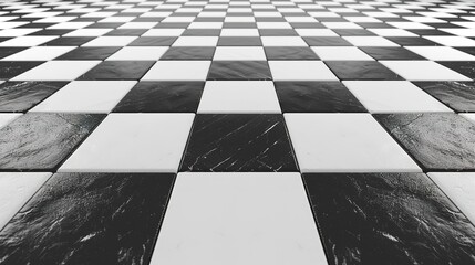 Chess perspective floor background. Black and white chessboard perspective floor texture. Checker board pattern surface. Fading away vanishing checkerboard background.