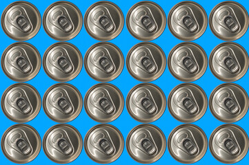 Tops of soda cans. Aluminum cans of soda background.