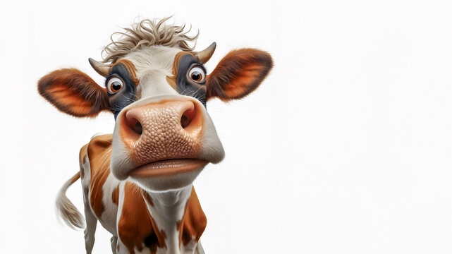 a crazy funny cow looking into the camera, funny animals, on a white background, copy space for text