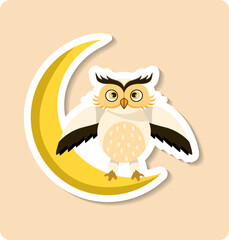 Cute owl sitting on crescent moon spreading wings at night under the stars
