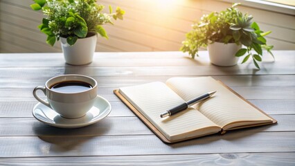 A serene minimalist desk setting with an open notebook, pen, and cup of coffee, evoking a sense of quiet contemplation.
