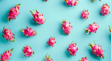 Fototapeta premium Pattern composition with pitahaya fruits on light blue background, top view, minimal flat lay style.