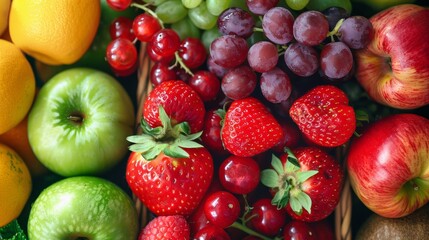 Close-up of fresh assorted fruits including strawberries and apples
