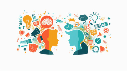 Obraz premium Colorful illustration showing two heads filled with creative ideas, symbols of innovation, communication, and collaboration.