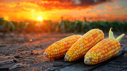 Agricultural landscape with mature corn cobs on fertile ground against a magnificent sunset over a vast cornfield.