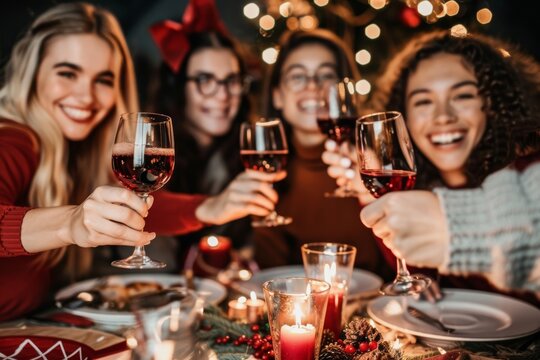 A group of friends raising glasses of red wine in a toast, celebrating Christmas together around a festive table with candles and decorations