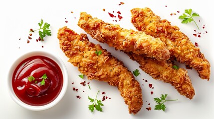 A plate of four chicken tenders with a red ketchup dipping sauce