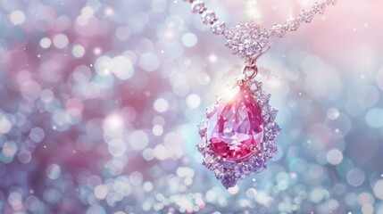 A pink gemstone pendant is suspended from a chain