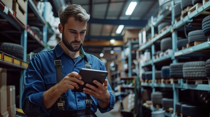 Mechanic in warehouse with tablet