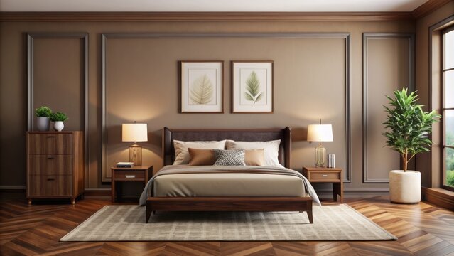 Elegant bedroom setting featuring beige wall with empty dark wood frame in brown tone, waiting for art piece to complete ambiance.