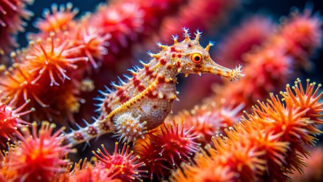Tiny, camouflaged Pygmy Pipehorse with elaborate fins and corrugated body blends into a vibrant, coral-encrusted underwater environment.